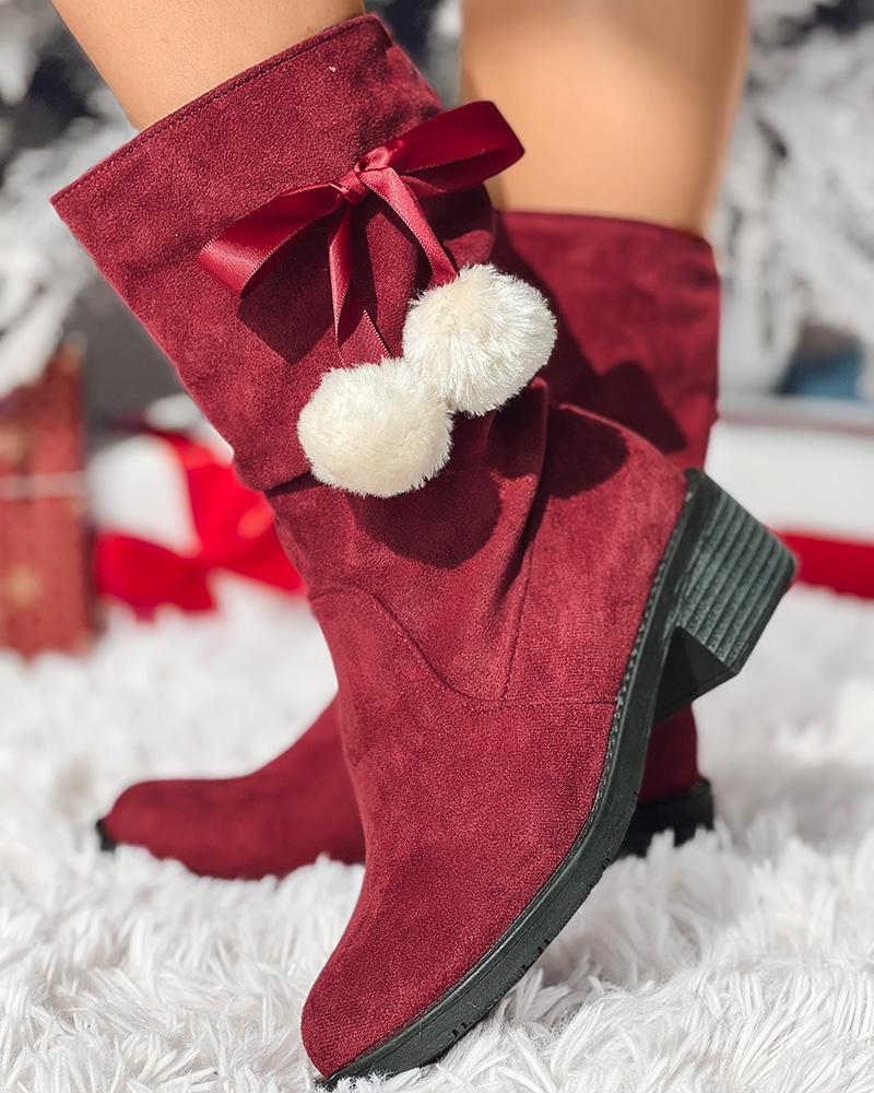 Bowknot Design Pom Pom Ruched Ankle Boots