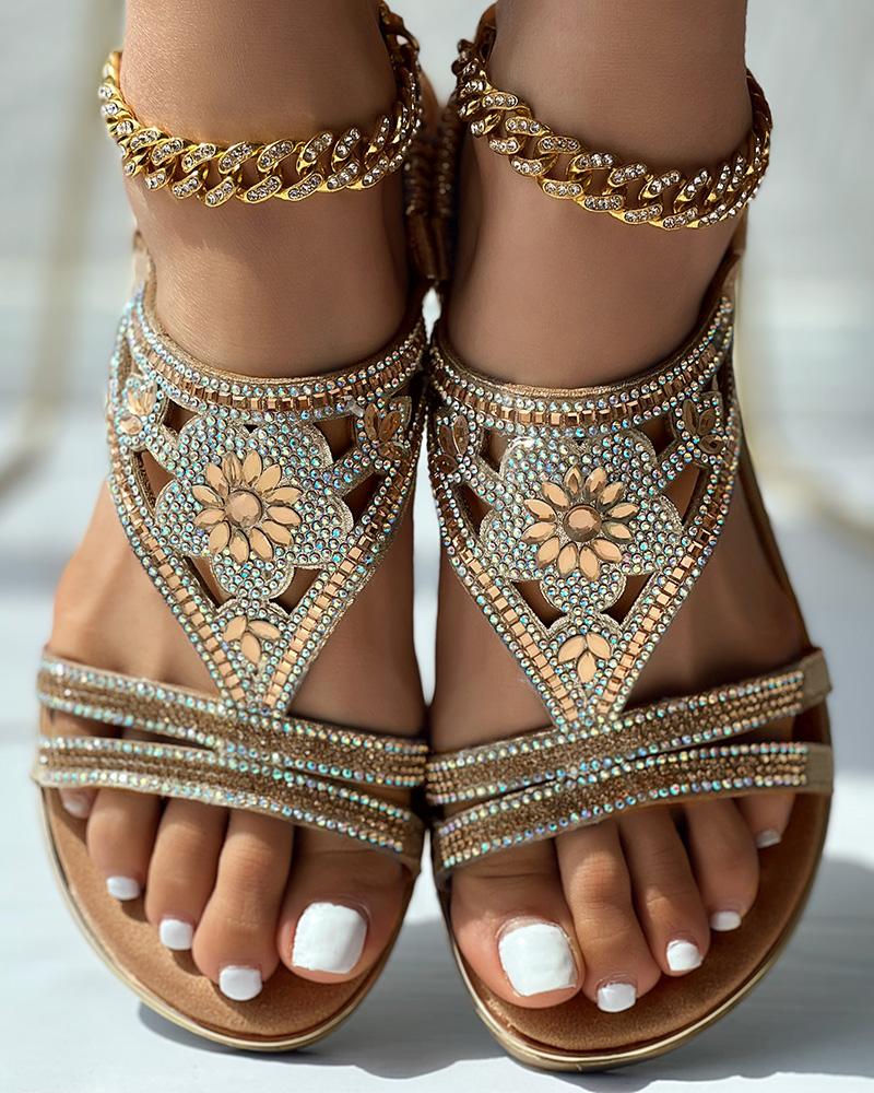 Flats-Sandals Rhinestone Tribal Floral Pattern Summer Beach Sandals