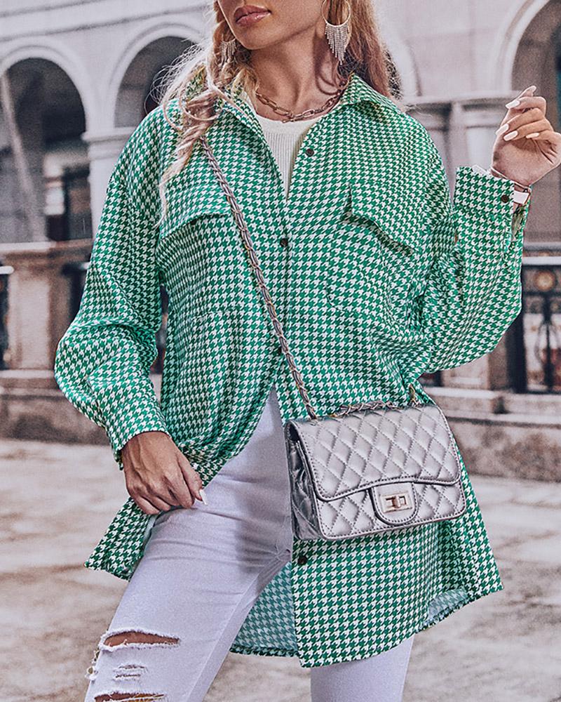 Houndstooth Print Pocket Design Button Front Shacket