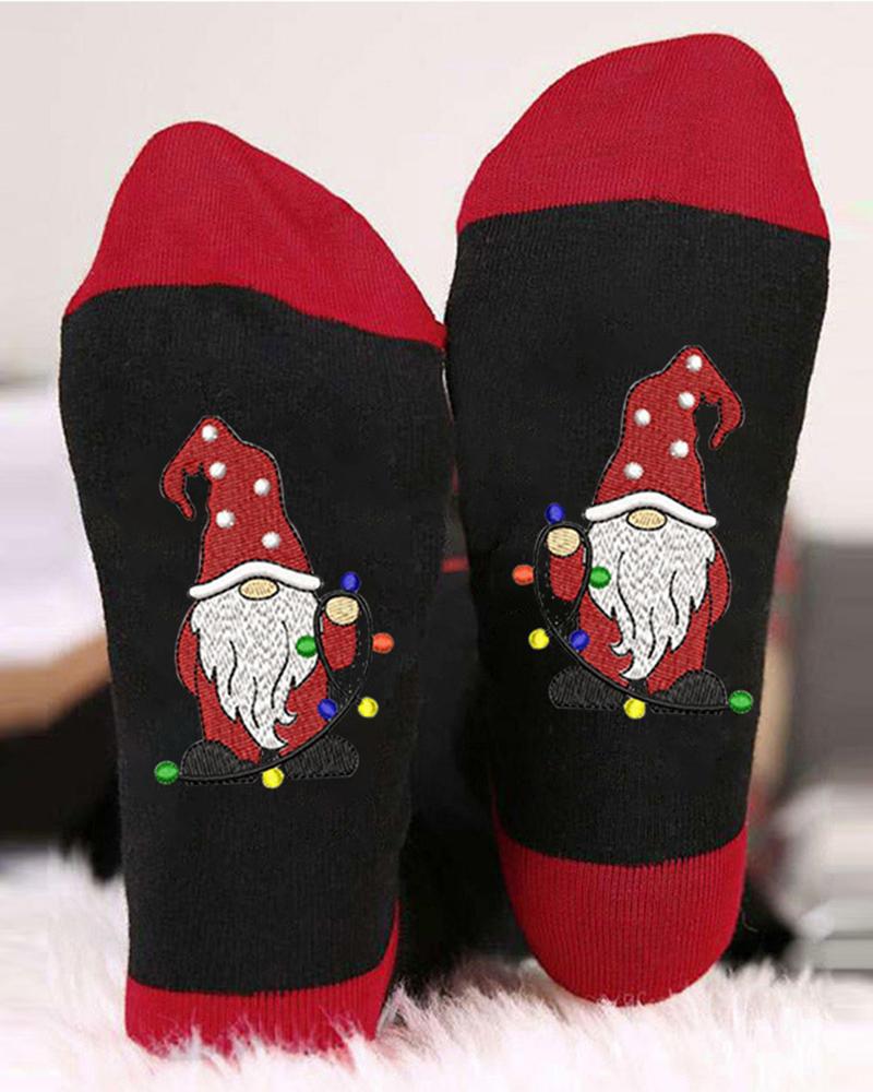 1Pair Christmas Cartoon Santa Gnomes Print Colorblock Crew Socks