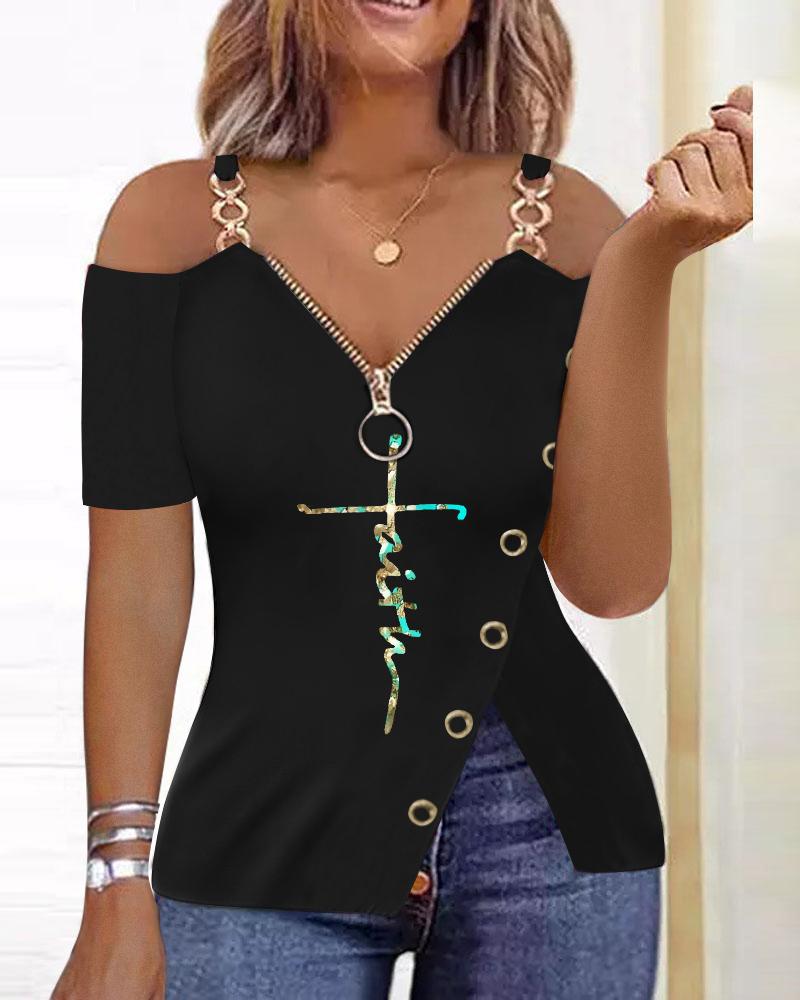 Faith Print Split Hem Zip Detail Cold Shoulder Top