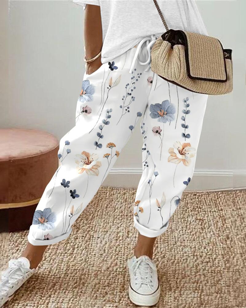 Floral Print Drawstring Cuffed Pants