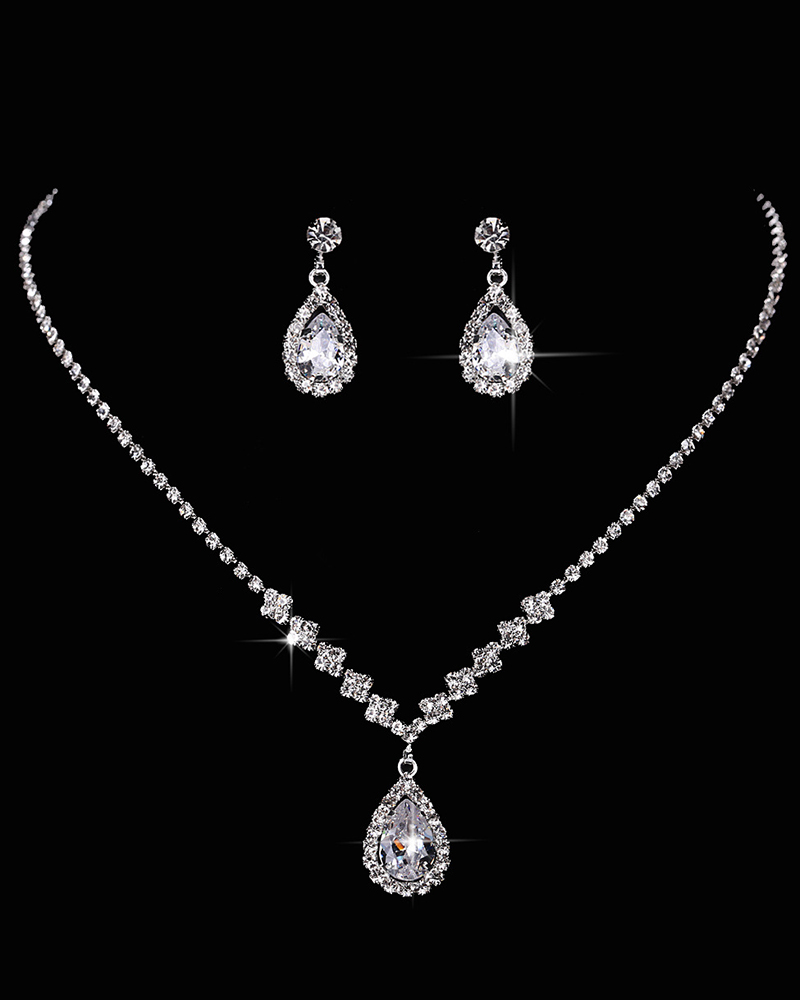 2pcs Rhinestone Teardrop Earrings & Pendant Necklace Wedding Bridal Jewelry Set
