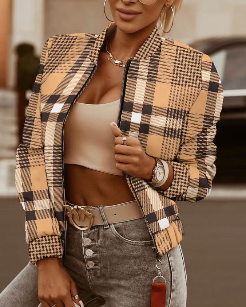Plaid Print Zipper Design Coat