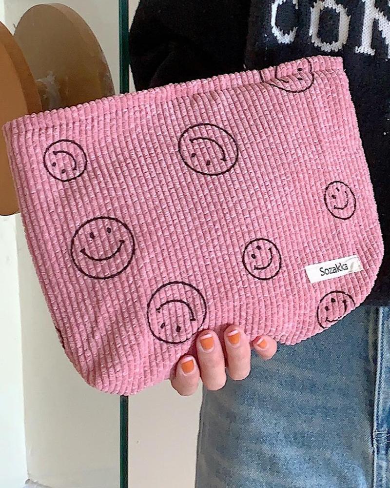 Smiley Face Corduroy Makeup Toiletry Bag Storage Handbag Accessories Organizer