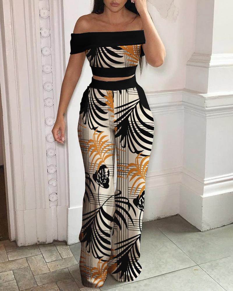 Tropical Print Off Shoulder Top & High Waist Pants Set