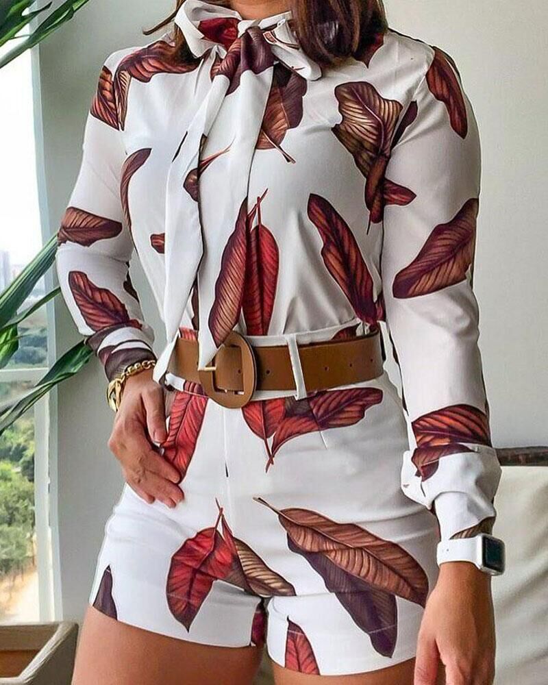 Leaf Print Tie Neck Top & Shorts Set With Belt