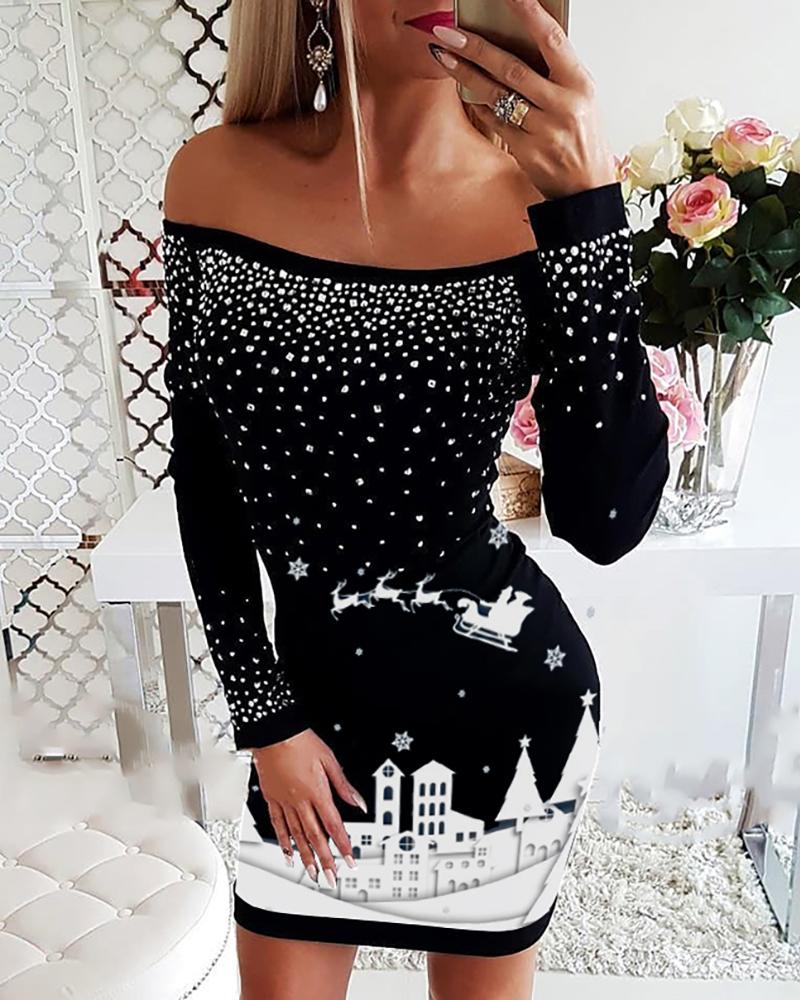 Christmas Mixed Print Off Shoulder Bodycon Dress