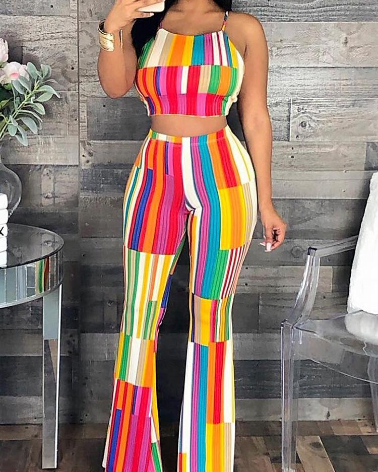 Blockcolor Striped Strappy Top /w Pants Set