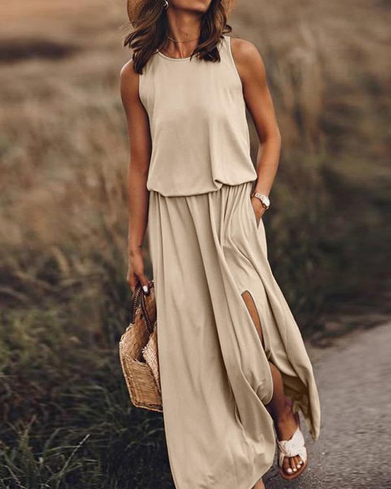 Pocket Detail Slit Casual Tank Dress