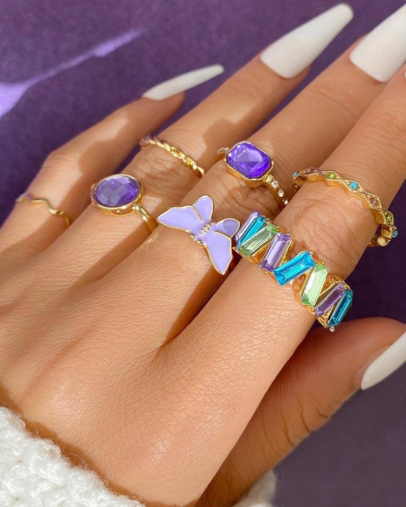 7pcs Crystal Butterfly Geometric Rings Set