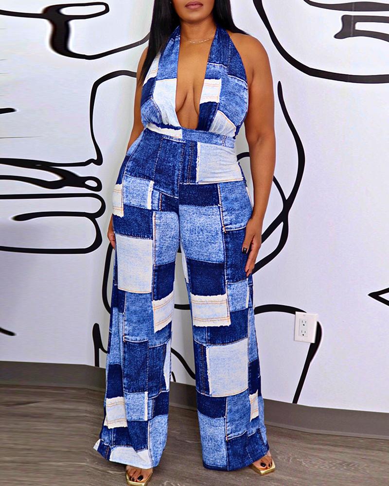 Denim Look Print Halter Backless Wide Leg Jumpsuit