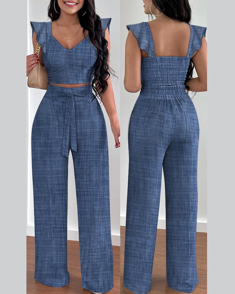 Ruffle Hem Shirred Crop Top & High Waist Pants Set