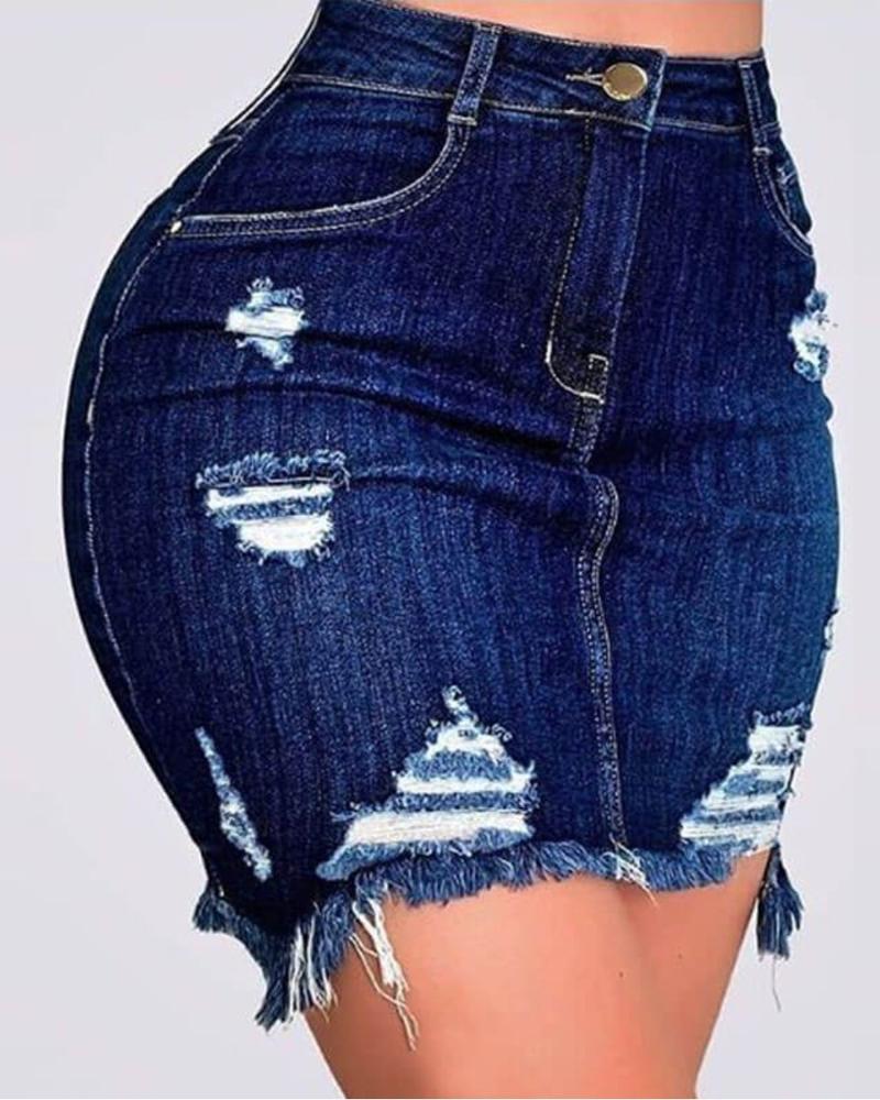 Ripped Raw Hem Denim Skirt