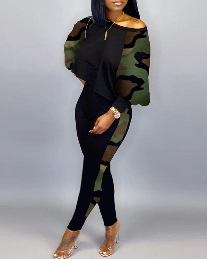 Camouflage Print Long Sleeve Top & Pants Set