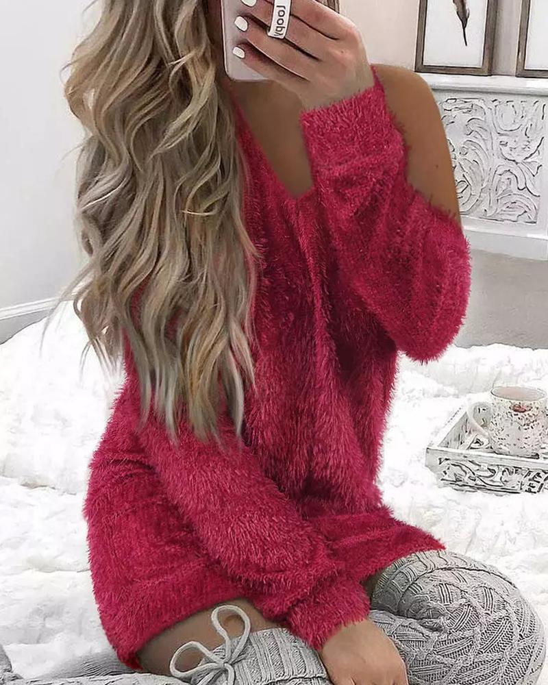 Fluffy Cold Shoulder Long Sleeve Dress