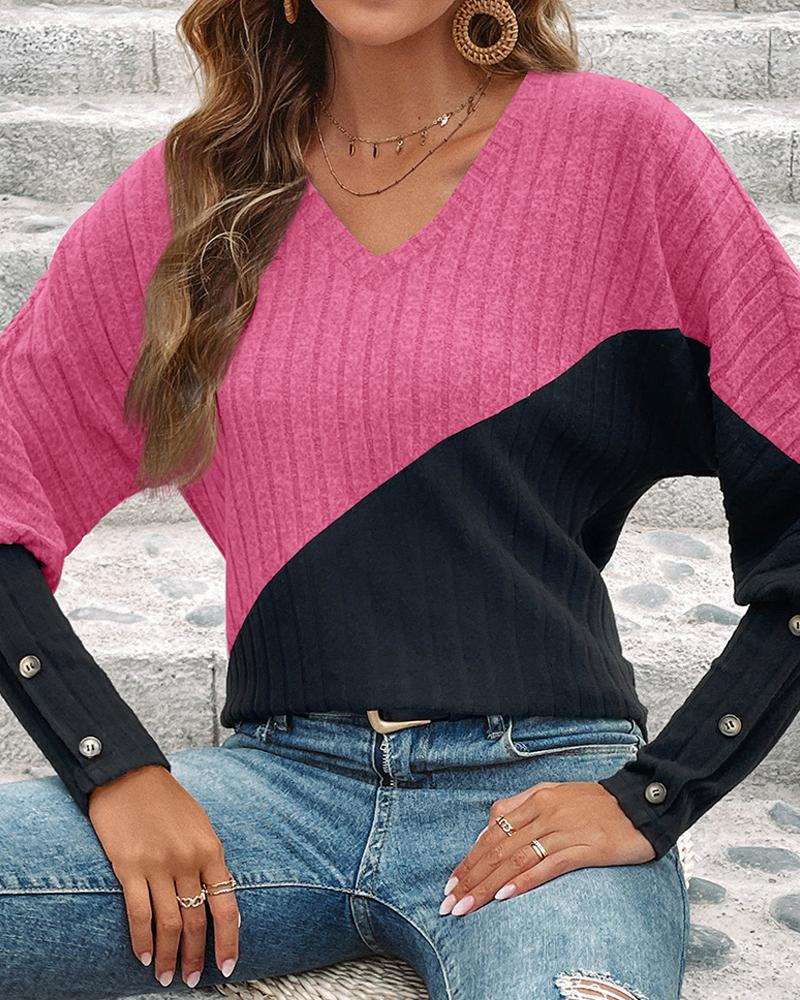 T-shirt & Tees  ChicMe Colorblock Gigot Sleeve Buttoned Top