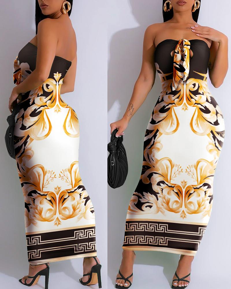 Baroque Print Bandeau Knotted Maxi Dress