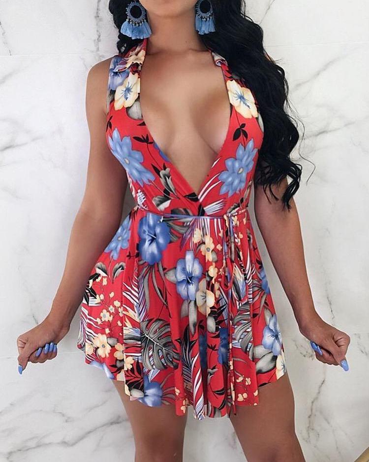 Floral Plunge Irregular Pleated Mini Dress