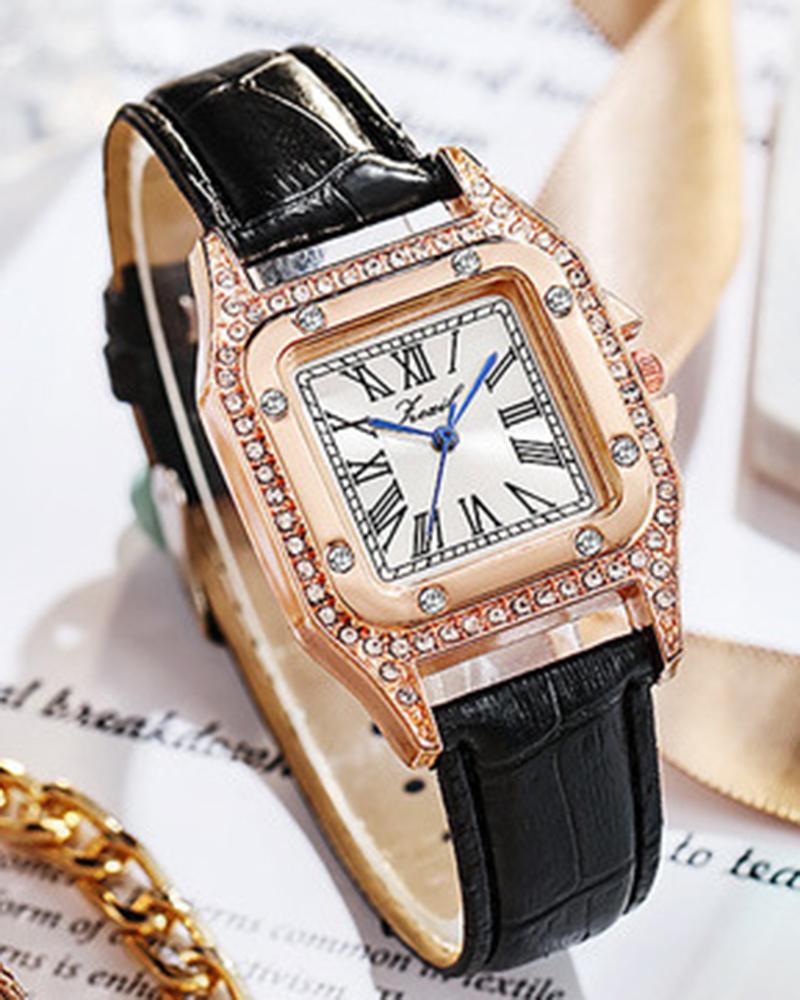 Watches 1pc Rhinestone Leather Band Square Quartz Watch