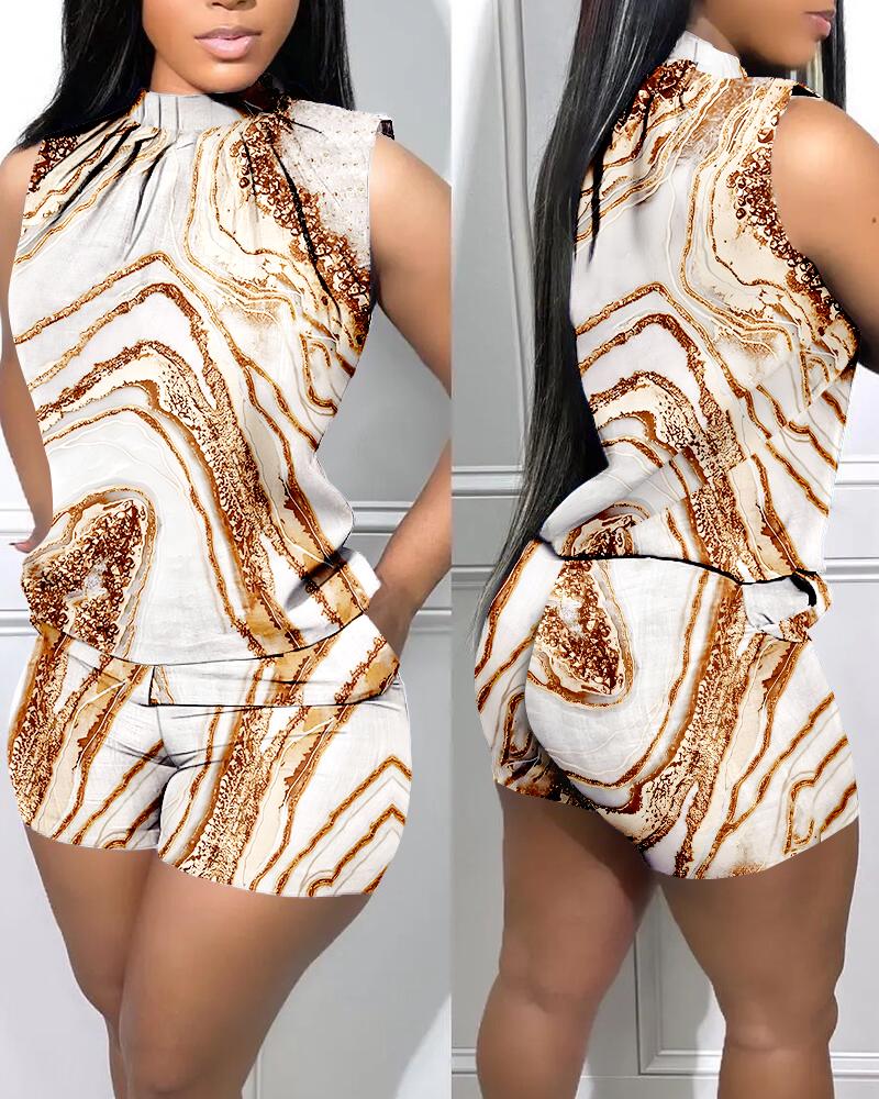 Marble Print Sleeveless Top & Pocket Design Shorts Set