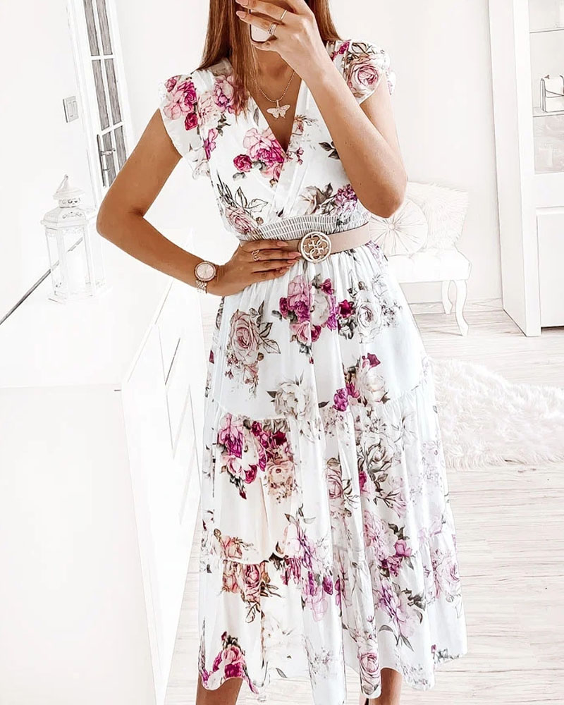 Flutter Sleeve Shirred Waist Floral Print Dress