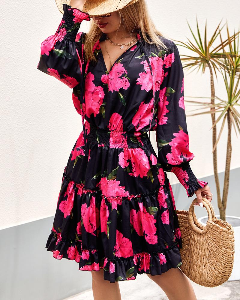 Print Dresses Floral Print Ruffle Hem Shirred Casual Dress