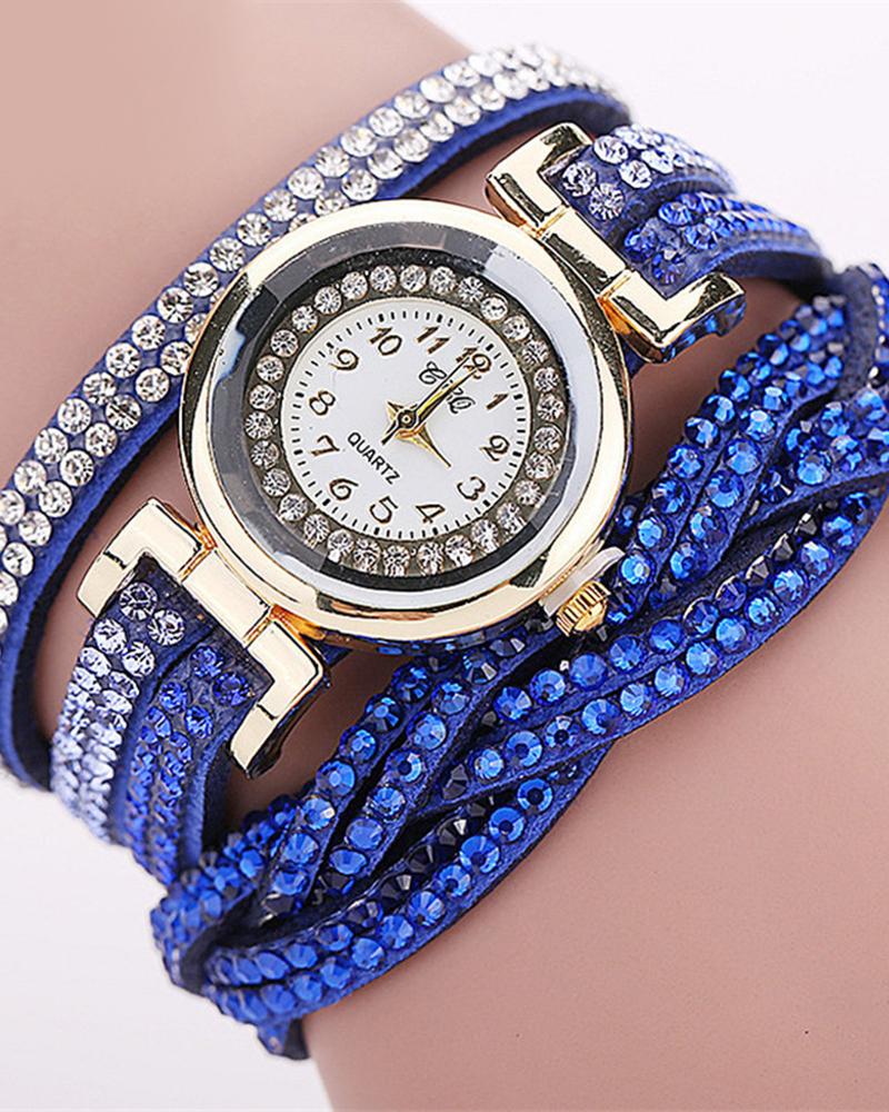 Watches 1pc Allover Rhinestone Braided Bangle Quartz Watch