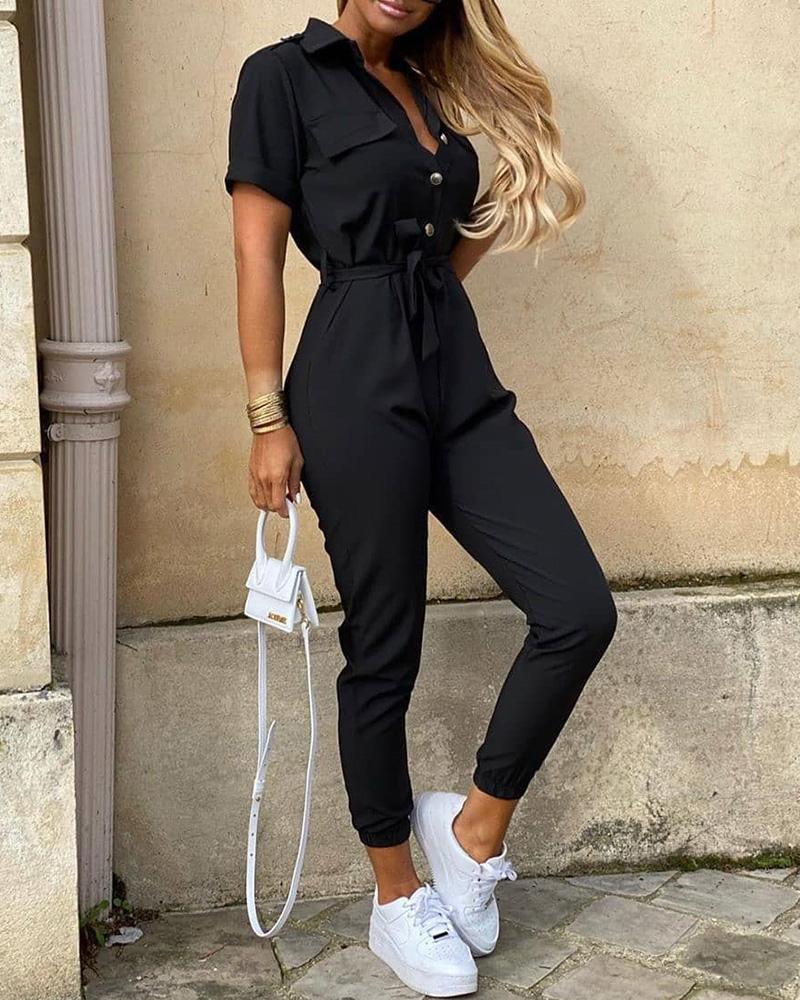 Pocket Design Short Sleeve Buttoned Jumpsuit