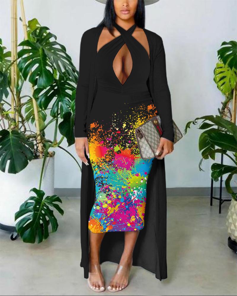 Ink Splash Print Cutout Bodycon Dress With Longline Coat