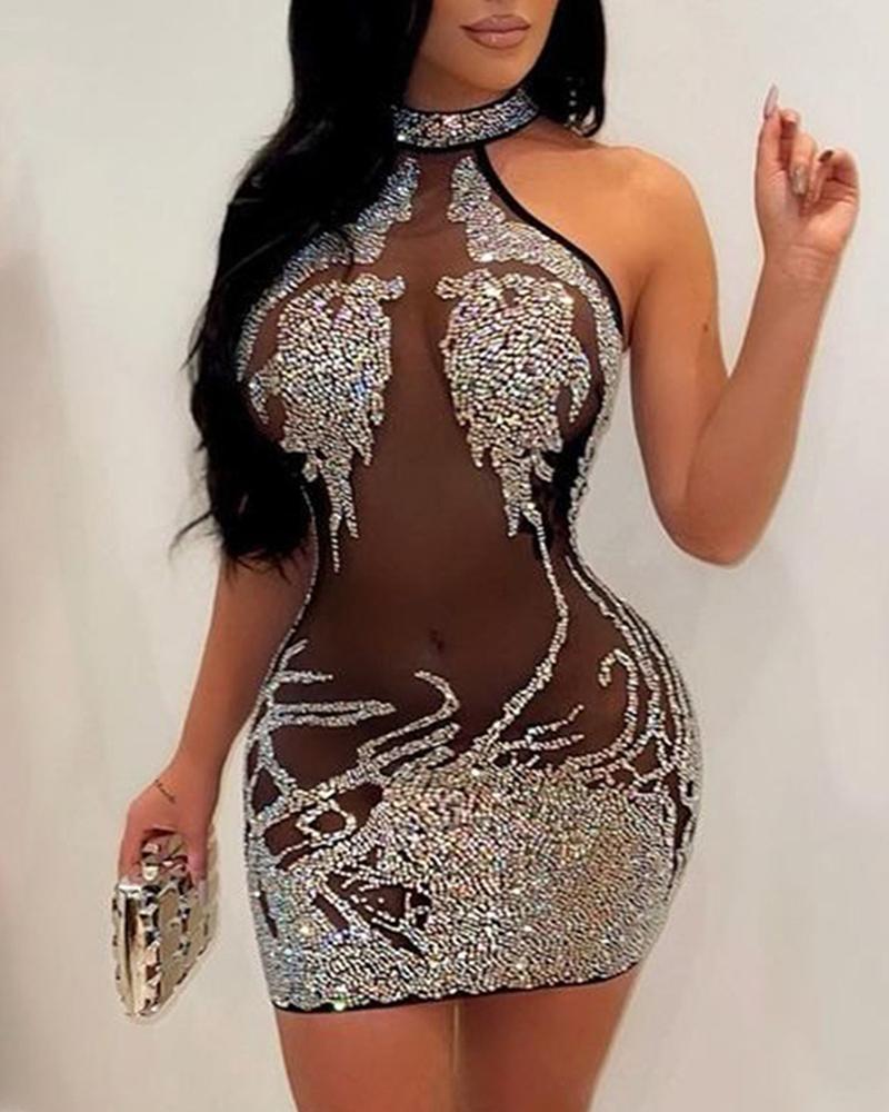 Sheer Mesh Contrast Rhinestone Bodycon Dress