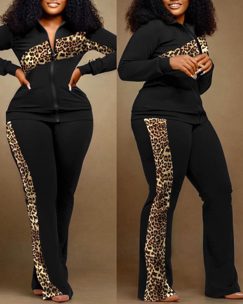Plus Size Contrast Leopard Zip Up Top & Pants Set