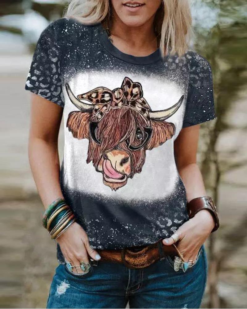 T-shirt & Tees Leopard Highland Cattle Print T-shirt