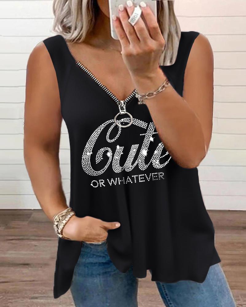 Plus Size Rhinestone Cute Or Whatever Pattern Tank Top