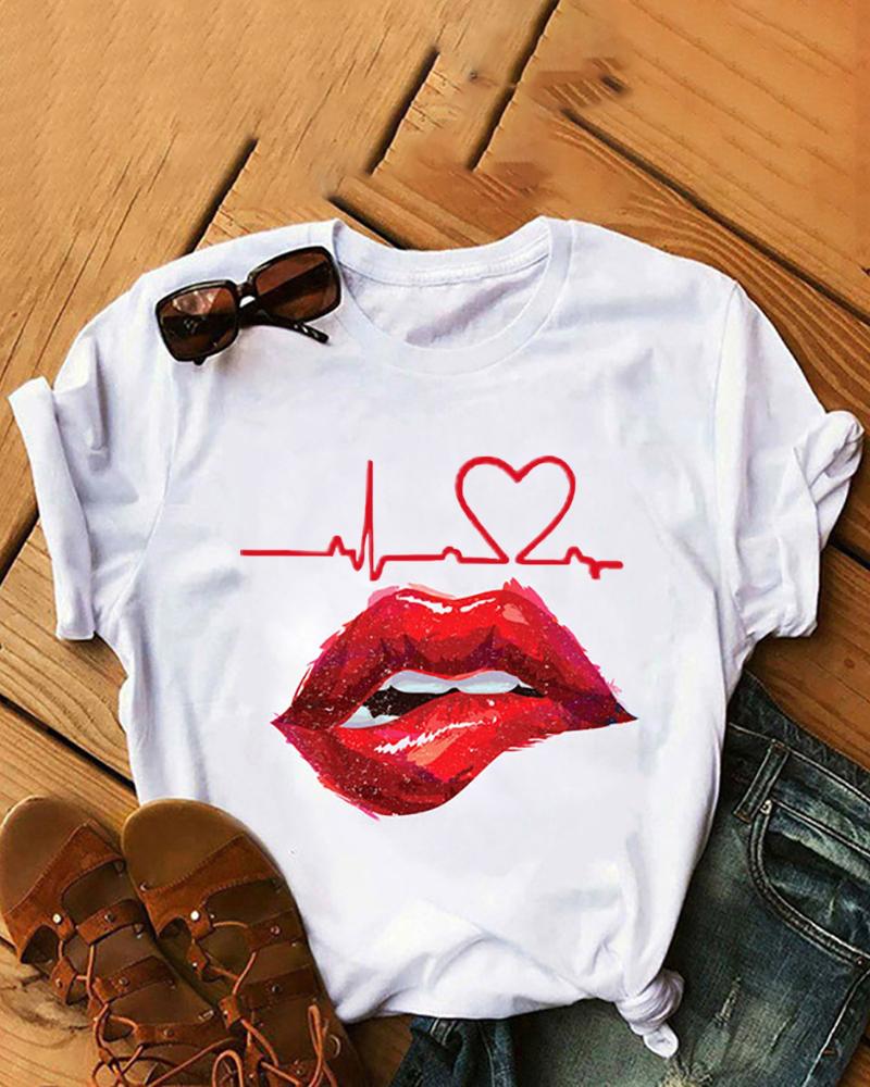 Heart Lip Print Short Sleeve Casual T-shirt