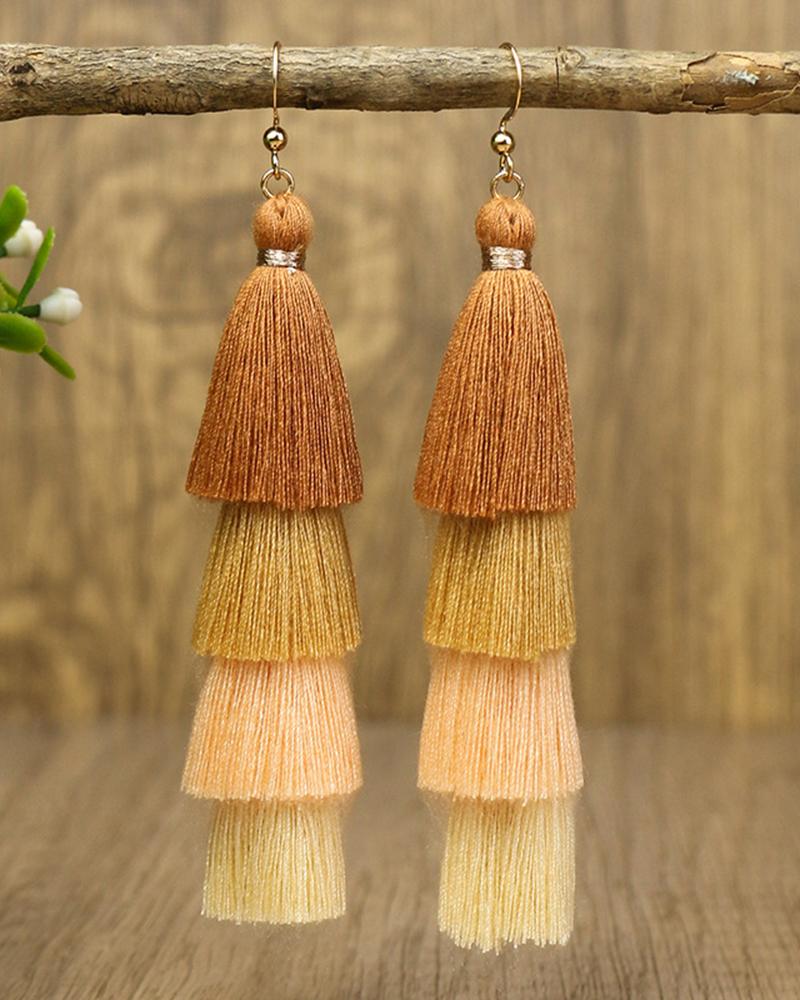 1Pair Colorblock Bohemian Layered Tassel Drop Earrings