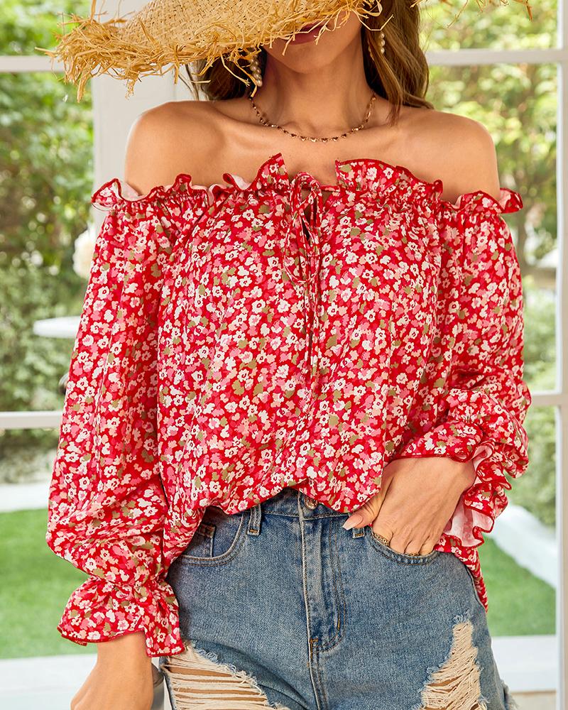 Pink Ditsy Floral Print Off Shoulder Lantern Sleeve Top