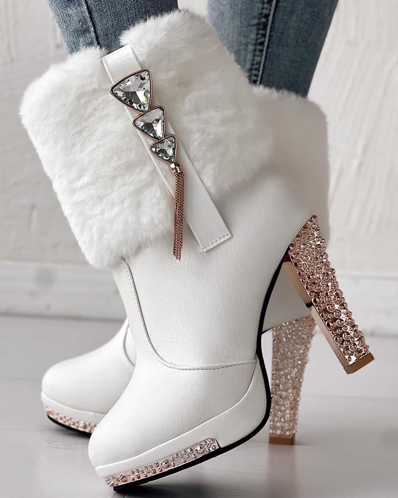 Rhinestone Tassel Fuzzy Detail Lined Boots