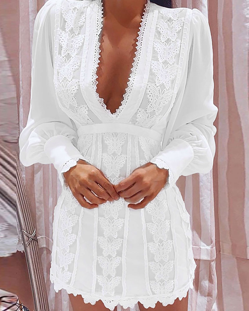 Lace Dresses  ChicMe Puff Lantern Sleeve Butterfly Pattern Lace Dress
