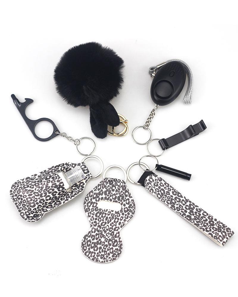 9pcs Graphic Print Whistle Pom Pom Self Defensive Keychain Set