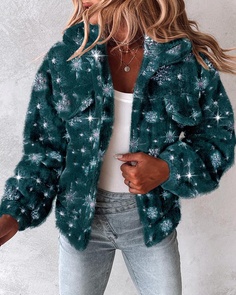 Christmas Snowflake Pattern Fleece Teddy Jacket