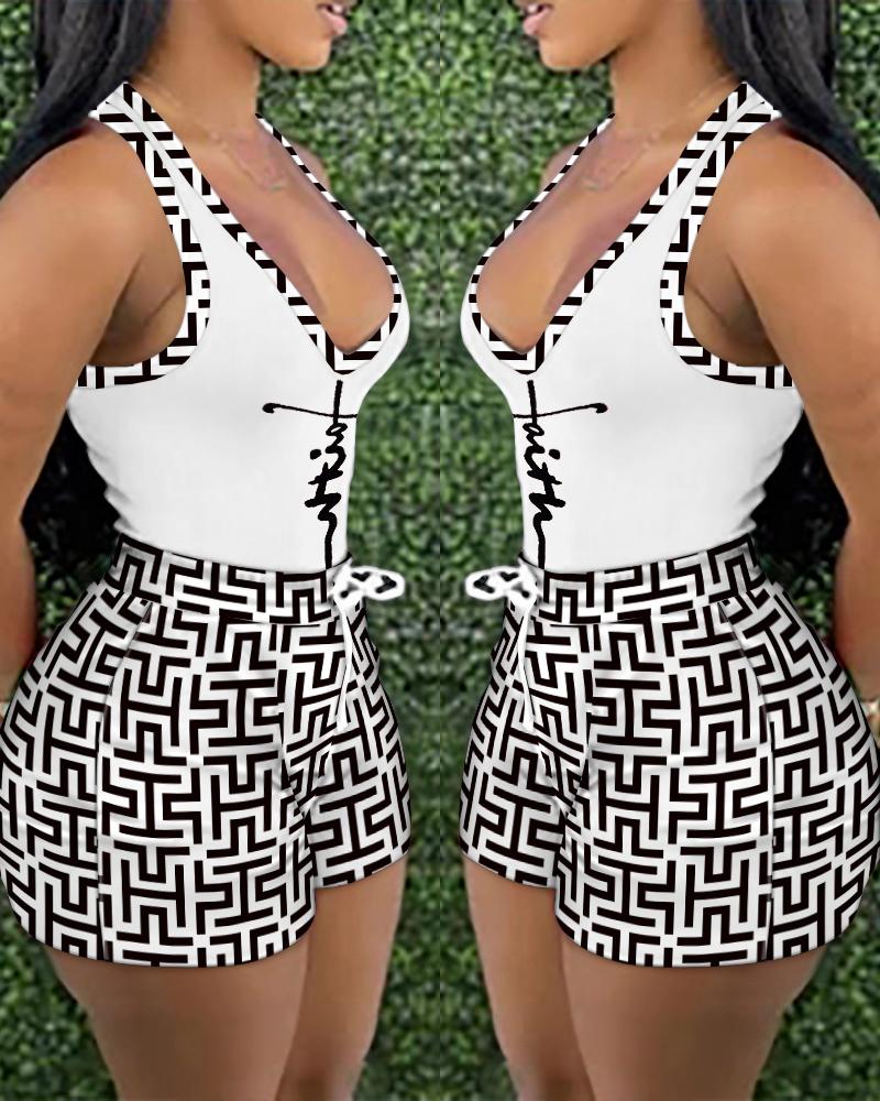 Faith Geometric Print Tank Top & Drawstring Shorts Set