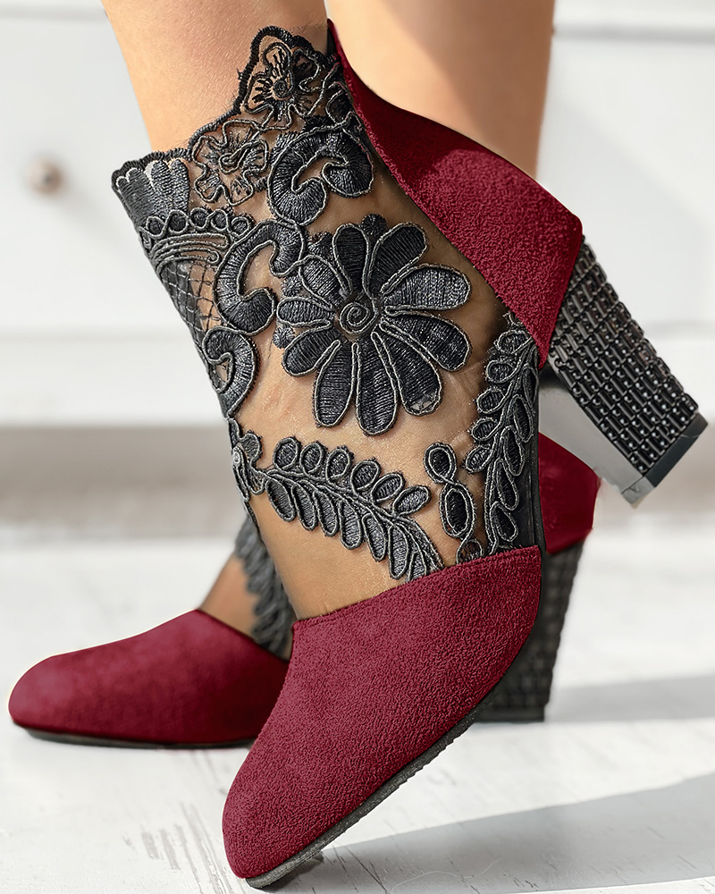  Lace Patch Floral Pattern Chunky Heel Ankle Boots