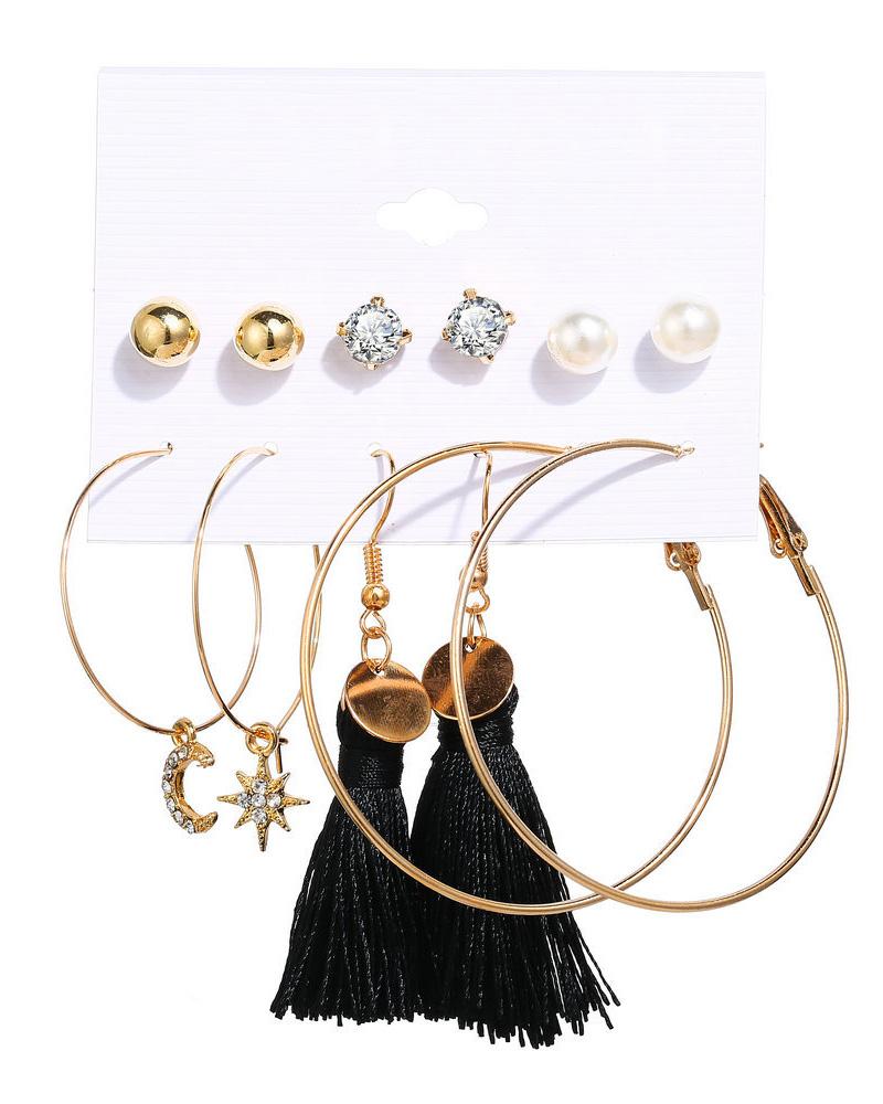 6 Pairs Beaded Hoop Tassel Ear Cuff Earring Set