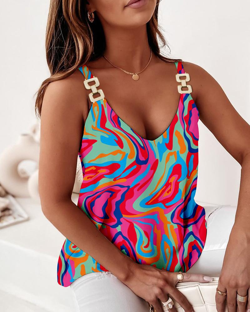 Multi-Color Abstract Print Chain Decor Tank Top