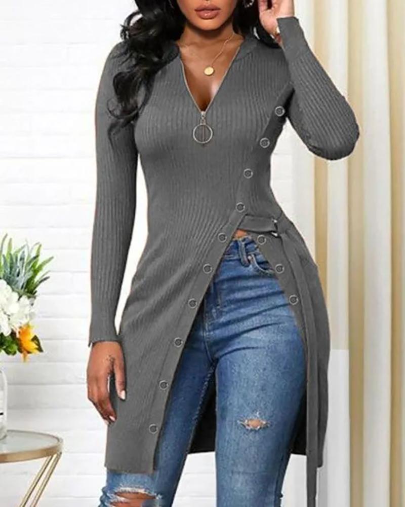 T-shirt & Tees Long Sleeve Zipper Design High Slit Top