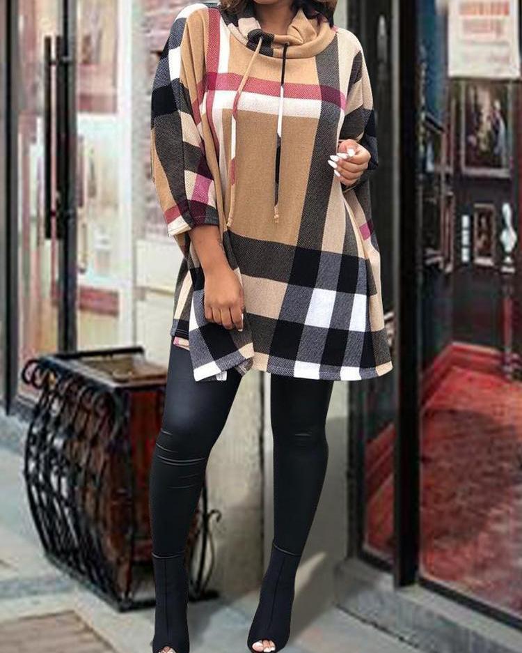 Plaid Print Heap Neck Drawstring Casual Dress