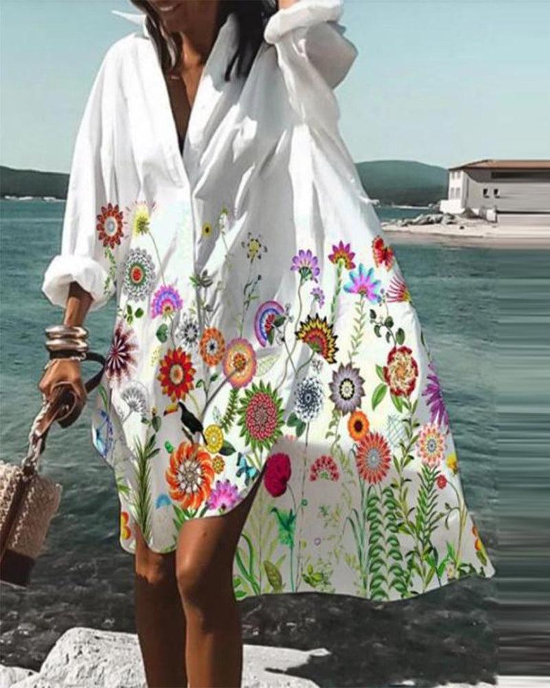 Floral Print Long Sleeve Casual Shirt Dress