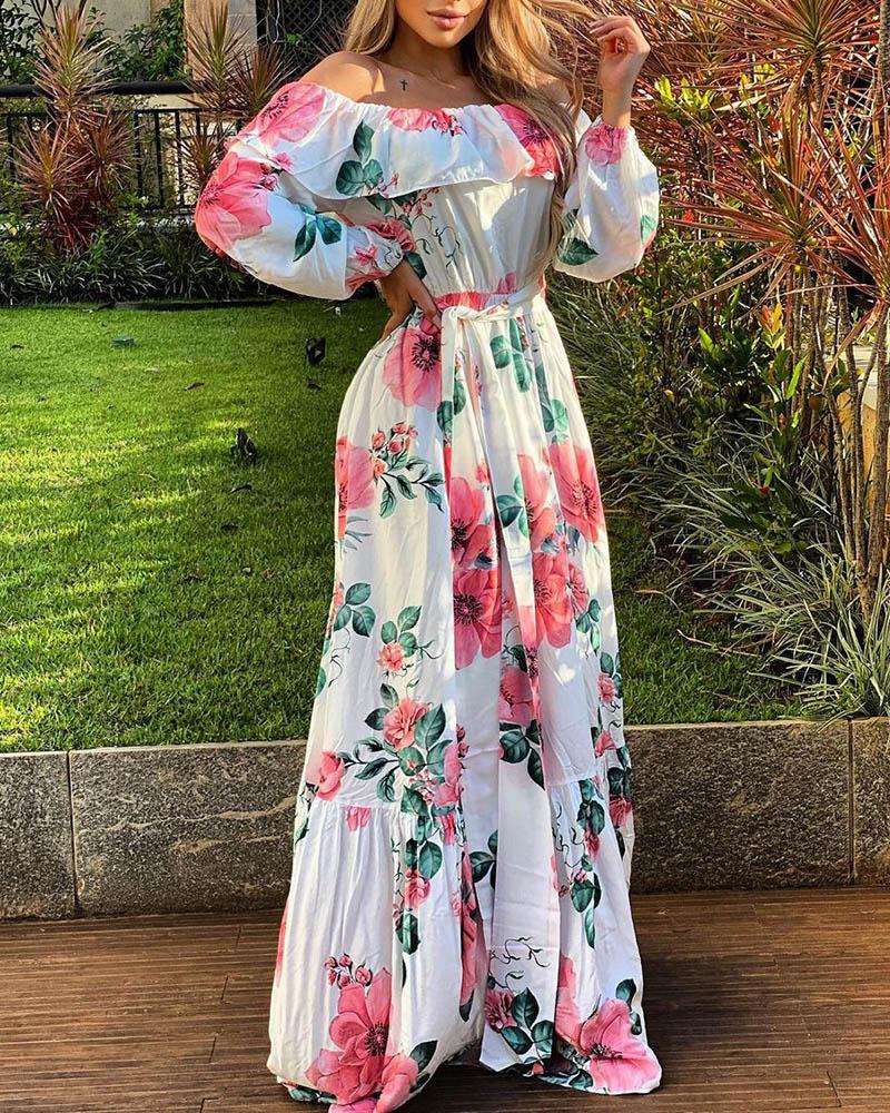 Off Shoulder Ruffle Hem Floral Print Maxi Dress