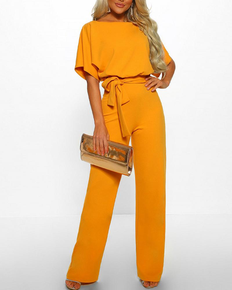 Batwing Sleeve Keyhole Back Belted Jumpsuit